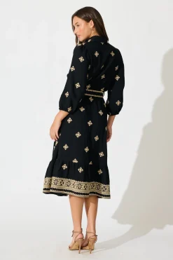 Outlet Nahla Midi Shirt Dress in Black with Cream Embroidery Dresses|Casual