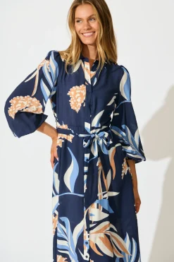 New Nalani Midi Shirt Dress in Navy with Multi Print Dresses|Casual