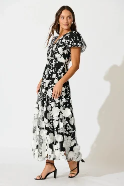 Best Nashira Maxi Dress in Black and White Embroidered Tulle Dresses|Party