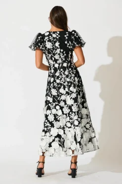 Best Nashira Maxi Dress in Black and White Embroidered Tulle Dresses|Party