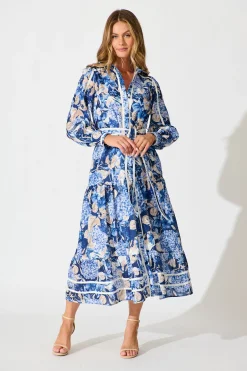 Outlet Nerina Maxi Shirt Dress in Navy Floral Linen Blend Engagement Party