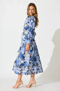 Outlet Nerina Maxi Shirt Dress in Navy Floral Linen Blend Engagement Party