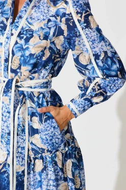 Outlet Nerina Maxi Shirt Dress in Navy Floral Linen Blend Engagement Party