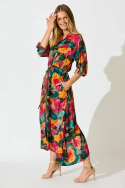 Outlet Neroli Midi Shirt Dress in Multi Watercolour Print Dresses|Casual