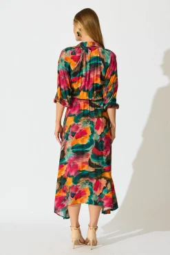 Outlet Neroli Midi Shirt Dress in Multi Watercolour Print Dresses|Casual