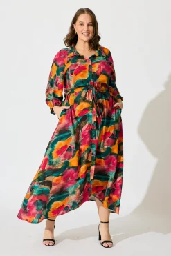 Outlet Neroli Midi Shirt Dress in Multi Watercolour Print Dresses|Casual