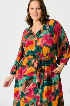 Outlet Neroli Midi Shirt Dress in Multi Watercolour Print Dresses|Casual