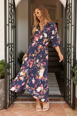 Sale Neroli Midi Shirt Dress In Navy with Multi Floral Dresses|Casual