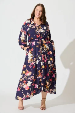 Sale Neroli Midi Shirt Dress In Navy with Multi Floral Dresses|Casual