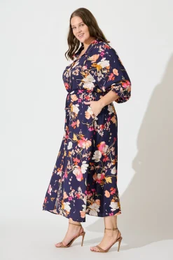 Sale Neroli Midi Shirt Dress In Navy with Multi Floral Dresses|Casual