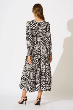 Clearance Neveena Maxi Dress In Black with Cream Print Dresses|Casual