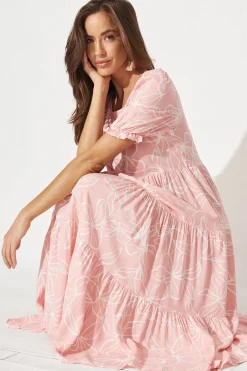 Fashion Nevi Tiered Midi Dress In Pink Floral Dresses|Casual