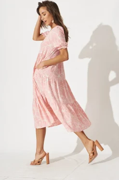 Fashion Nevi Tiered Midi Dress In Pink Floral Dresses|Casual