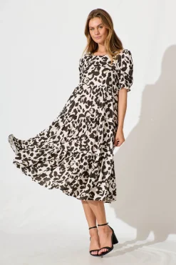 Clearance Nevi Tiered Midi Dress In Brown Leopard Print Dresses|Casual