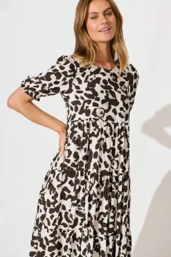 Clearance Nevi Tiered Midi Dress In Brown Leopard Print Dresses|Casual