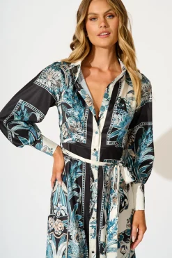 Fashion Newman Maxi Shirt Dress in Black and Blue Floral Dresses|Party