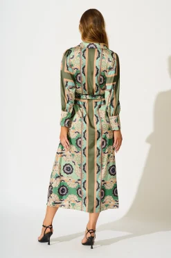 Sale Newman Maxi Shirt Dress in Multi Green Print Satin Dresses|Party