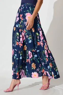 New Newmoon Maxi Skirt In Navy With Multi Floral Print Bottoms|Skirts & Shorts