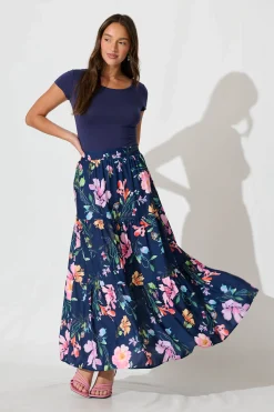 New Newmoon Maxi Skirt In Navy With Multi Floral Print Bottoms|Skirts & Shorts