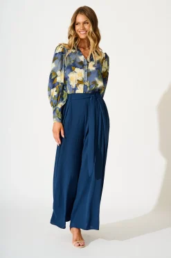 Hot Nolita Shirt in Multi Blue Floral Print Satin Tops|Party & Occasion