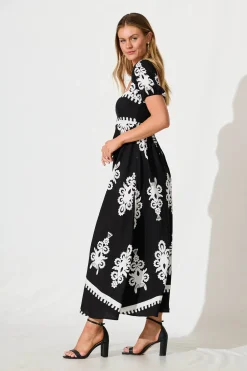 New Norvi Maxi Dress in Black with White Print Dresses|Casual