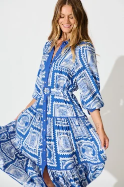 Discount Nouveau Maxi Shirt Dress in Blue with White Stamp Print Dresses|Casual