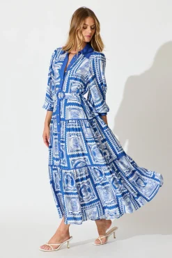 Discount Nouveau Maxi Shirt Dress in Blue with White Stamp Print Dresses|Casual