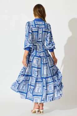 Discount Nouveau Maxi Shirt Dress in Blue with White Stamp Print Dresses|Casual
