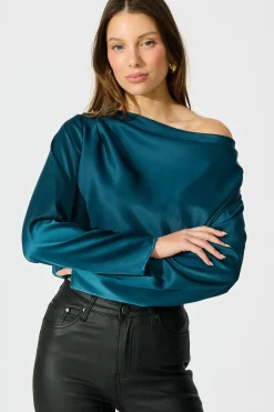 Clearance Nova Nights Top in Teal Satin Tops|Party & Occasion