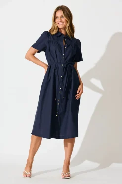 Sale Oatland Midi Shirt Dress In Navy Cotton Linen Dresses|Casual