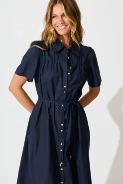 Sale Oatland Midi Shirt Dress In Navy Cotton Linen Dresses|Casual