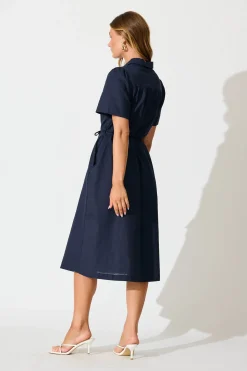 Sale Oatland Midi Shirt Dress In Navy Cotton Linen Dresses|Casual