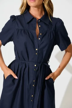 Sale Oatland Midi Shirt Dress In Navy Cotton Linen Dresses|Casual