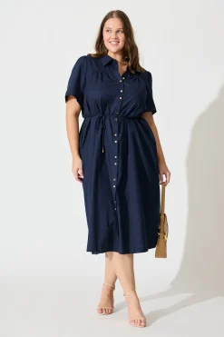 Sale Oatland Midi Shirt Dress In Navy Cotton Linen Dresses|Casual