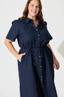 Sale Oatland Midi Shirt Dress In Navy Cotton Linen Dresses|Casual