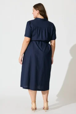 Sale Oatland Midi Shirt Dress In Navy Cotton Linen Dresses|Casual