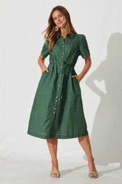 New Oatland Midi Shirt Dress In Green Cotton Linen Dresses|Casual