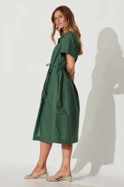 New Oatland Midi Shirt Dress In Green Cotton Linen Dresses|Casual
