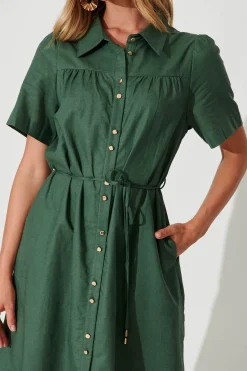 New Oatland Midi Shirt Dress In Green Cotton Linen Dresses|Casual
