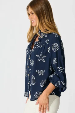 Sale Oceans Embrace Top in Navy with White Shell Print Tops|Casual