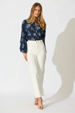 Sale Oceans Embrace Top in Navy with White Shell Print Tops|Casual