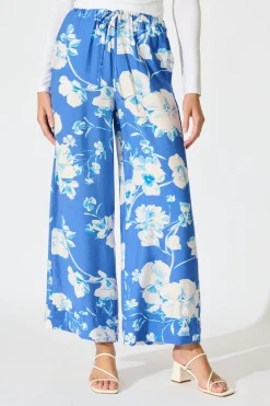 Outlet Octavia Pant in Blue with White Floral Linen Blend Bottoms
