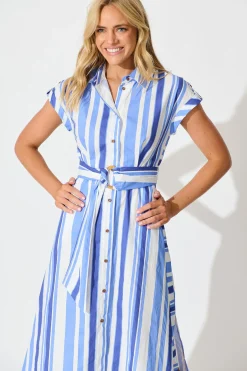 Online Olvera Midi Shirt Dress in Blue Stripe Cotton Dresses|Casual