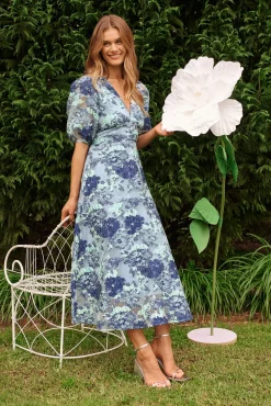 Sale Opulence Midi Dress In Blue Floral Organza Jacquard Dresses|Formal