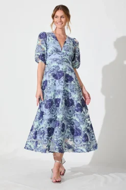 Sale Opulence Midi Dress In Blue Floral Organza Jacquard Dresses|Formal