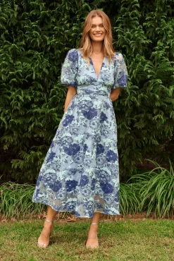 Sale Opulence Midi Dress In Blue Floral Organza Jacquard Dresses|Formal