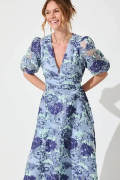 Sale Opulence Midi Dress In Blue Floral Organza Jacquard Dresses|Formal