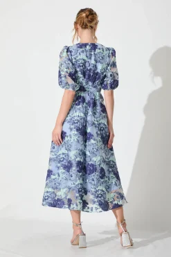 Sale Opulence Midi Dress In Blue Floral Organza Jacquard Dresses|Formal
