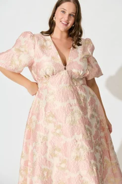 Sale Opulence Midi Dress in Blush with Gold Jacquard Dresses|Party