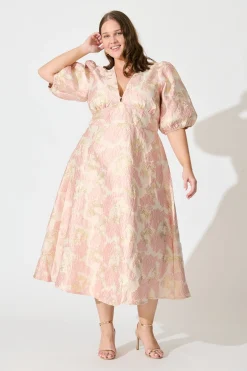 Sale Opulence Midi Dress in Blush with Gold Jacquard Dresses|Party